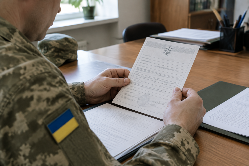 A soldier checks a leave ticket on the table