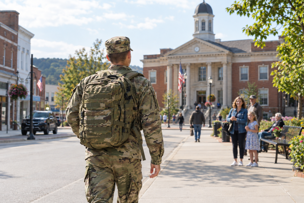 A soldier on a city street upon arrival for leave