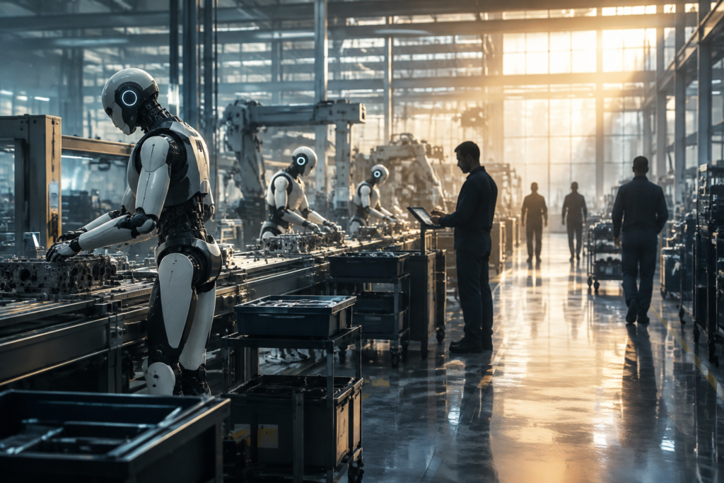 Robots working among human silhouettes in factory