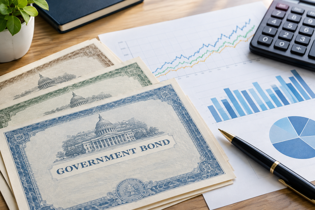 stack of government bonds and financial charts