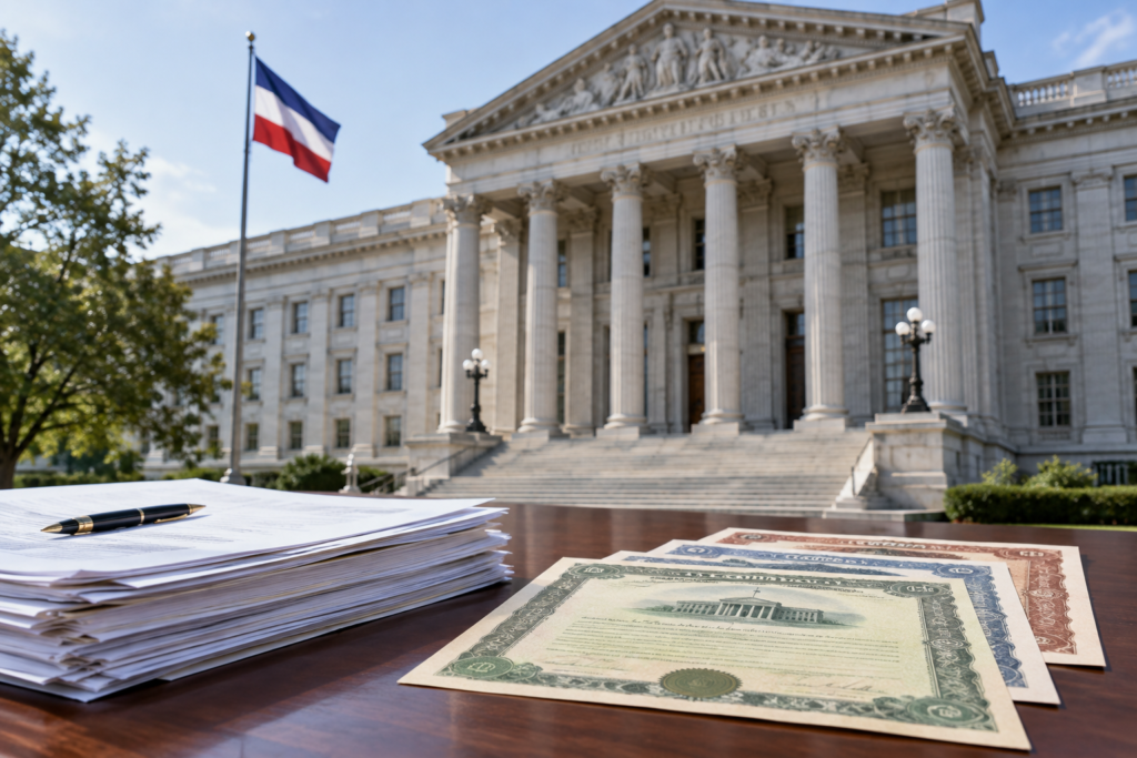 finance ministry building with flag and papers