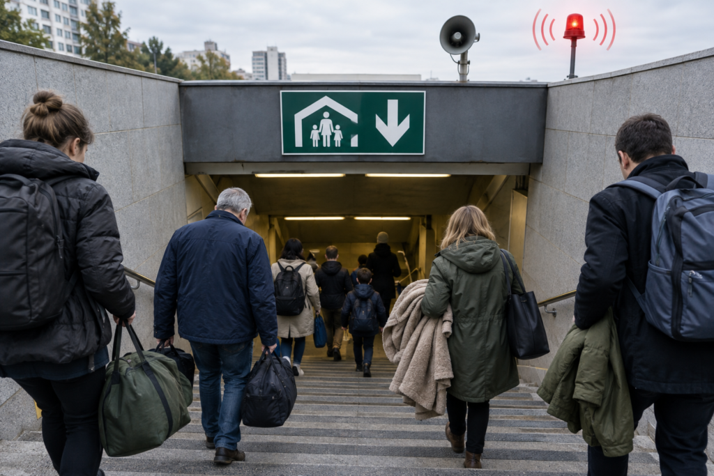 люди йдуть в укриття під тривогою