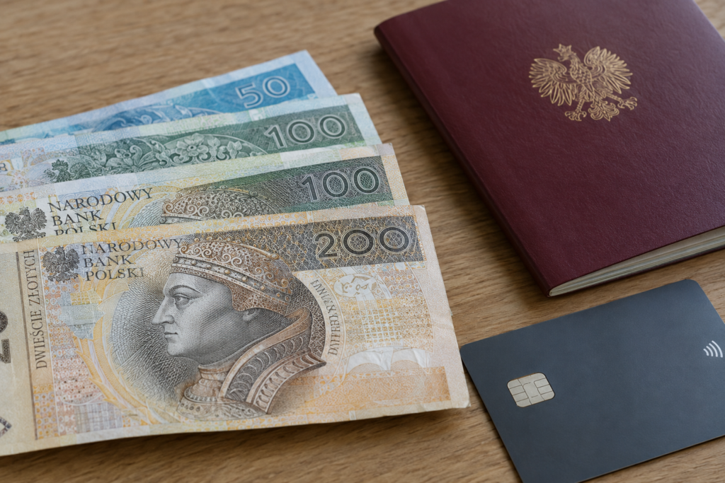 zloty banknotes next to a passport and a card