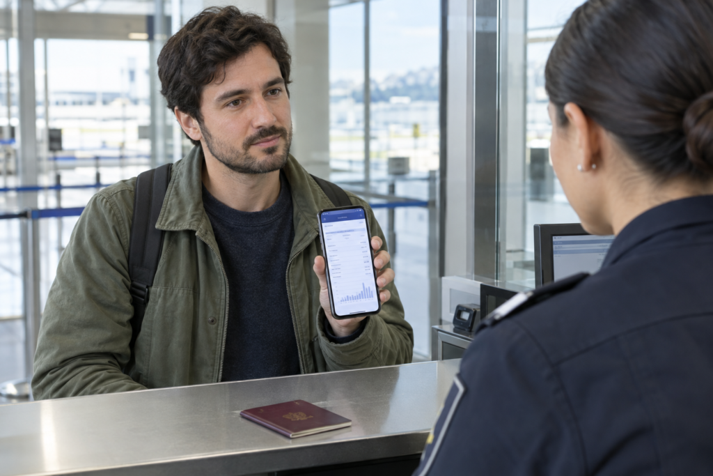 a passenger shows a bank statement on a smartphone